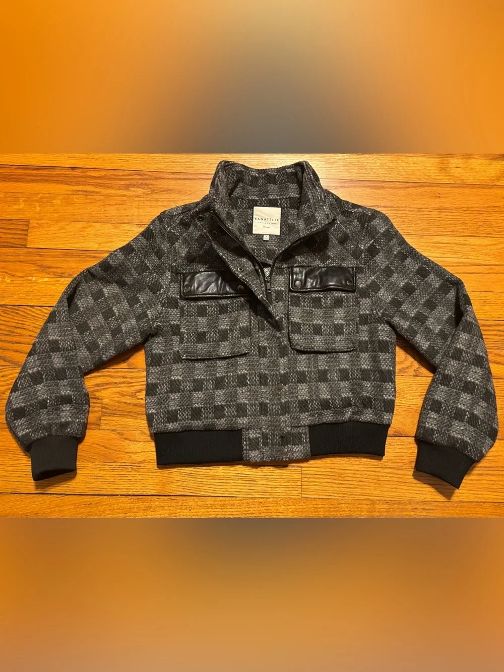 bagatelle Gray Plaid Bomber Jacket with Black Trim